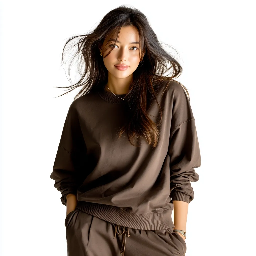 A young woman with long brown hair models a brown sweatshirt and matching sweatpants.  The loose-fitting sweatshirt has long sleeves and a relaxed fit. Her expression is confident and casual, hands resting in her pockets. The overall style is effortlessly chic and comfortable.  The background is plain white, highlighting the outfit.