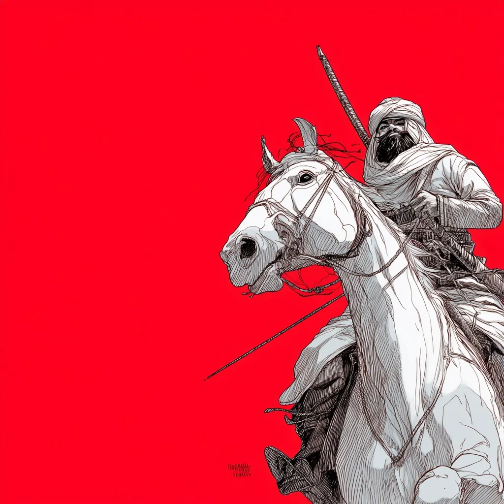 A stark, red background contrasts sharply with a detailed line drawing of a warrior on horseback.  The warrior, clad in flowing robes and a turban, grips the reins of a white steed, a lance held at the ready. The style is reminiscent of graphic novel art, with bold lines and a focus on movement and dramatic composition. The overall effect is powerful and evocative.