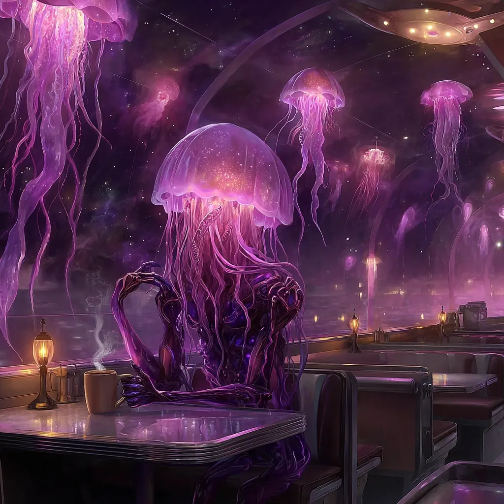 A bioluminescent jellyfish-like creature sits at a diner booth, sipping a warm beverage.  The diner's windows reveal a breathtaking cosmic view, filled with nebulae and other jellyfish floating in space. The scene is rendered in vibrant purples and pinks, creating a surreal and dreamlike atmosphere. The creature's form is both organic and mechanical, blending seamlessly with the otherworldly setting.