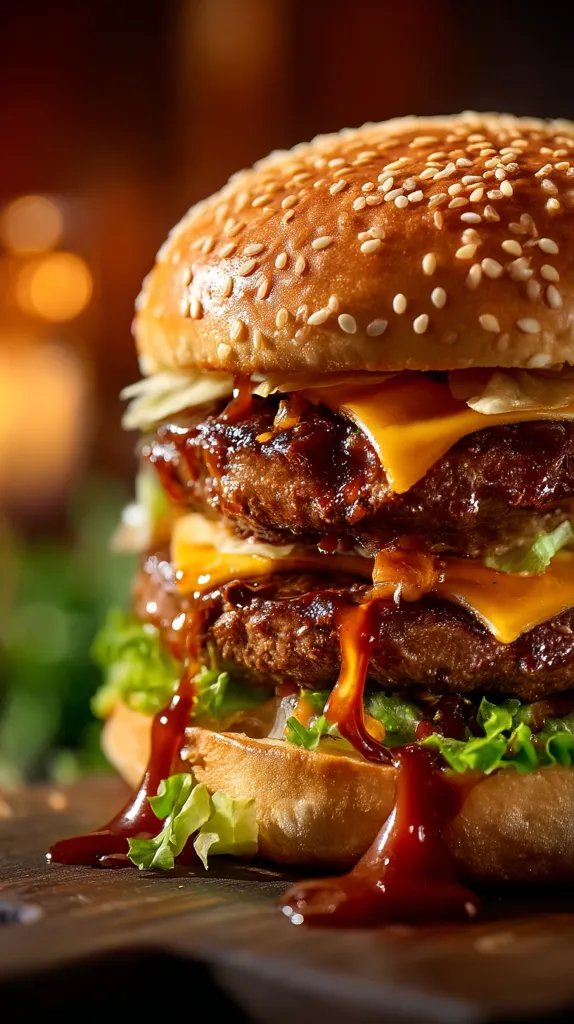 A mouthwatering double cheeseburger takes center stage.  Two juicy patties, melted cheese, and fresh lettuce are nestled between a sesame seed bun, all generously drizzled with a rich, dark sauce.  The close-up shot emphasizes the burger's textures and the glistening sauce, making it an irresistible visual feast. The background is blurred, drawing focus to the burger's delicious details.
