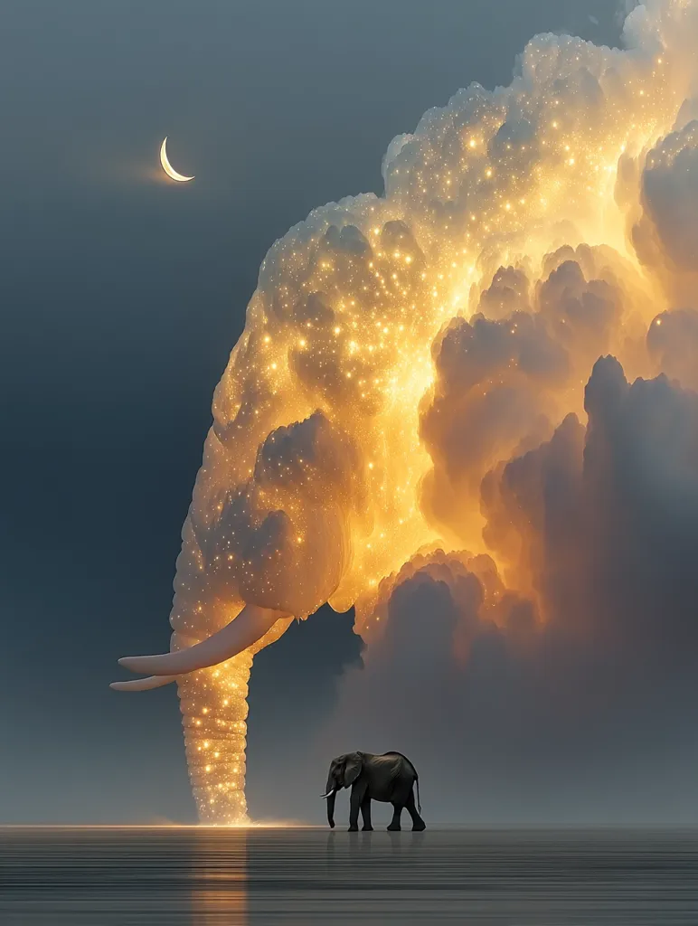 A surreal image depicts a giant, luminous elephant-shaped cloud, glowing with golden sparkles, descending towards a calm body of water.  A lone, smaller elephant stands on the shore, observing the celestial phenomenon under a crescent moon. The scene evokes a sense of wonder and magical realism, blending fantastical elements with natural beauty.