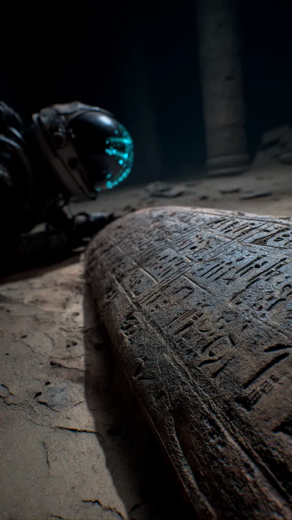 A lone astronaut, clad in a dark spacesuit with glowing teal accents on the helmet, kneels before a large, ancient stone tablet.  The tablet is covered in intricate, possibly hieroglyphic, carvings.  The scene is dimly lit, suggesting a desolate, possibly archaeological, location. The focus is on the tablet and its inscriptions, hinting at a discovery or a historical mystery.