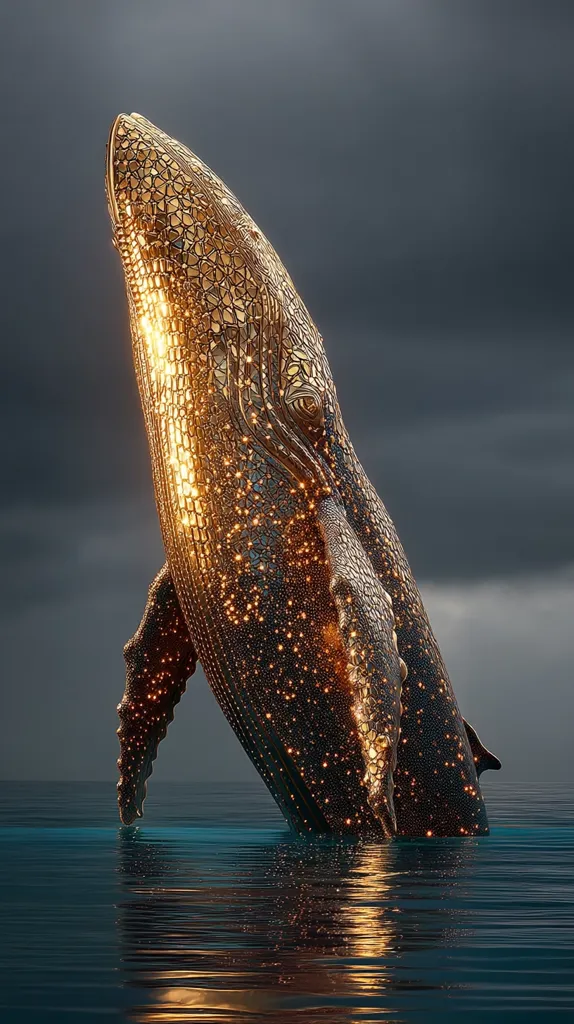 A digital artwork depicts a humpback whale, seemingly crafted from gold, emerging from the ocean.  Its skin shimmers with embedded golden lights, creating a celestial effect against a moody, dark sky.  The whale's form is elegantly detailed, contrasting the rough texture of the water. The overall impression is one of ethereal beauty and majestic power.
