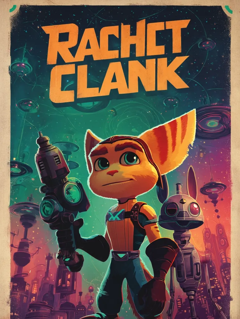 A vibrant poster for "Ratchet & Clank" features Ratchet, a Lombax, prominently holding a futuristic weapon.  He stands before a backdrop of a futuristic cityscape under a purple and teal sky dotted with flying saucers.  A smaller robotic companion stands beside him. The title "Ratchet Clank" is displayed prominently in a retro-styled font. The overall style is reminiscent of vintage science fiction posters.