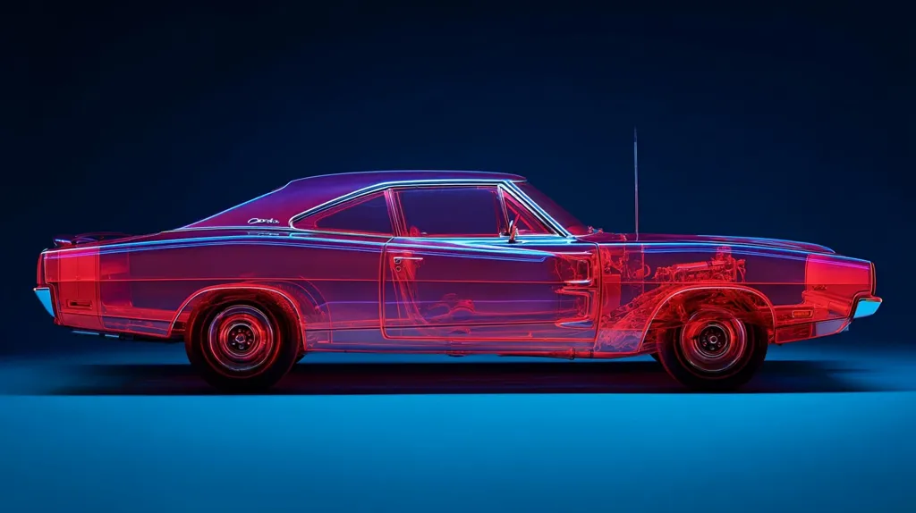 A transparent, red-hued rendering of a classic Dodge Charger is presented against a deep blue backdrop.  The image showcases the car's internal components, engine, and chassis, visible through its translucent exterior. The vibrant lighting highlights the car's curves and details, creating a futuristic, almost holographic effect.  The overall aesthetic blends classic automotive design with modern digital art.