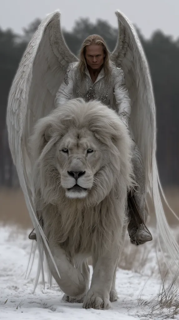 A majestic, blonde-haired angel with large, white wings sits atop a magnificent white lion.  The pair traverse a snowy landscape, creating a surreal and ethereal scene. The angel's serene expression and the lion's calm demeanor suggest a powerful, harmonious bond. The overall image evokes a sense of fantasy and mythical power.