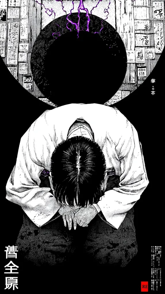 A monochromatic illustration depicts a person bowing deeply, their head bowed and hands clasped in front.  They are dressed in loose-fitting clothing. The background features a large, dark circle with purple lightning emanating from it, surrounded by densely packed text and imagery suggesting an Asian setting. The overall mood is somber and contemplative.  Japanese text is visible.