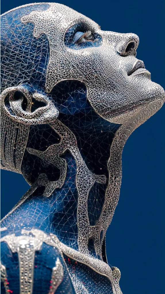 A striking image showcases a meticulously crafted sculpture resembling a human form.  The figure's surface is a deep blue, overlaid with an intricate, silvery, lattice-like structure.  The head is tilted back, eyes closed, suggesting serenity or contemplation.  The overall effect is one of both fragility and strength, blending organic form with a technological aesthetic. The backdrop is a solid, deep blue.