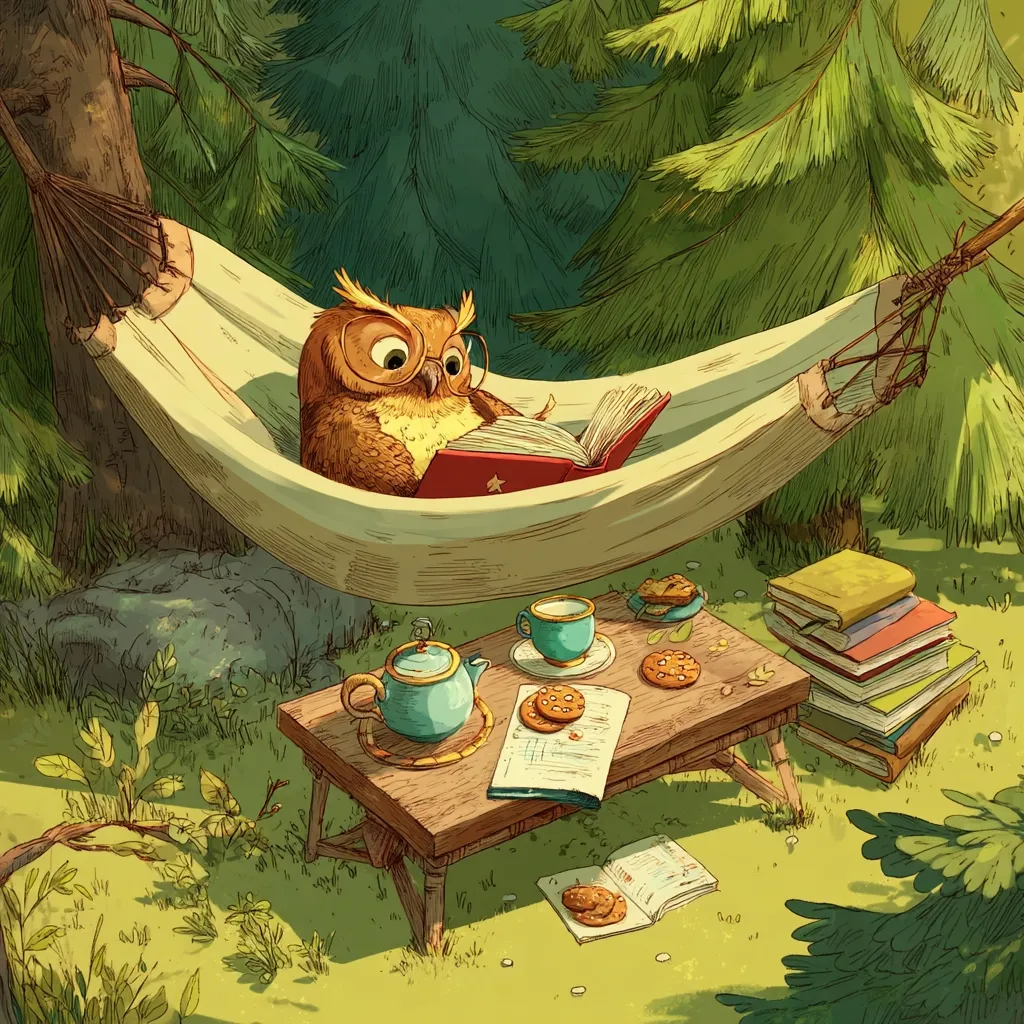 A whimsical illustration depicts a bespectacled owl comfortably nestled in a hammock strung between trees, engrossed in a book.  A small table beside the hammock holds a teapot, teacups, cookies, and several notebooks.  Stacks of books are nearby, creating a serene and studious atmosphere in a sun-dappled forest setting. The style is charming and detailed, evoking a sense of peace and quiet enjoyment.