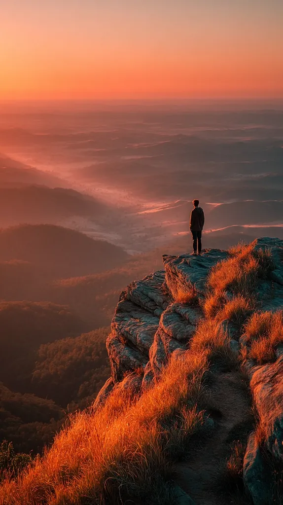 A lone figure stands on a rocky precipice at sunrise, overlooking a vast expanse of rolling hills and valleys bathed in the warm glow of the rising sun.  The landscape stretches to the horizon, a sea of muted oranges and browns.  Long grasses cling to the rocky outcrop, illuminated by the golden light.  The scene evokes a sense of peace and solitude in the face of breathtaking natural beauty.
