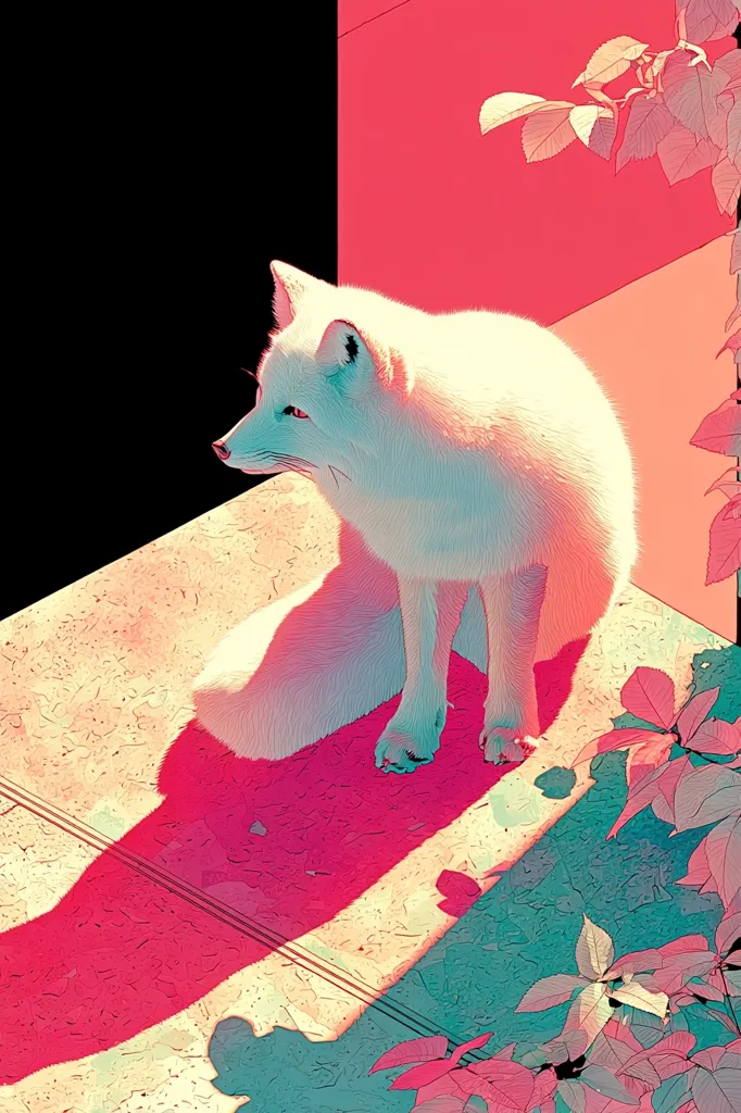 A stylized image of an arctic fox sitting on a pinkish-toned surface.  The fox is predominantly white, rendered in a painterly style with vibrant, contrasting colors.  The background features a black and coral wall, and stylized teal and pink foliage.  The fox's shadow is cast prominently, adding to the artistic composition. The overall effect is surreal and visually striking.
