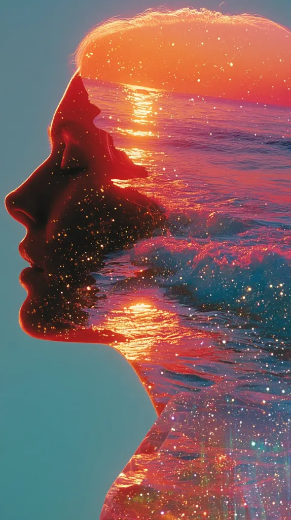 A surreal profile of a woman's face is superimposed with a vibrant sunset over an ocean.  The image blends the woman's features with the fiery hues of the sky and the glittering waves, creating a dreamy and ethereal effect.  The colors are predominantly warm oranges and reds, contrasted by cooler blues in the water.  The overall impression is one of tranquility and connection with nature.