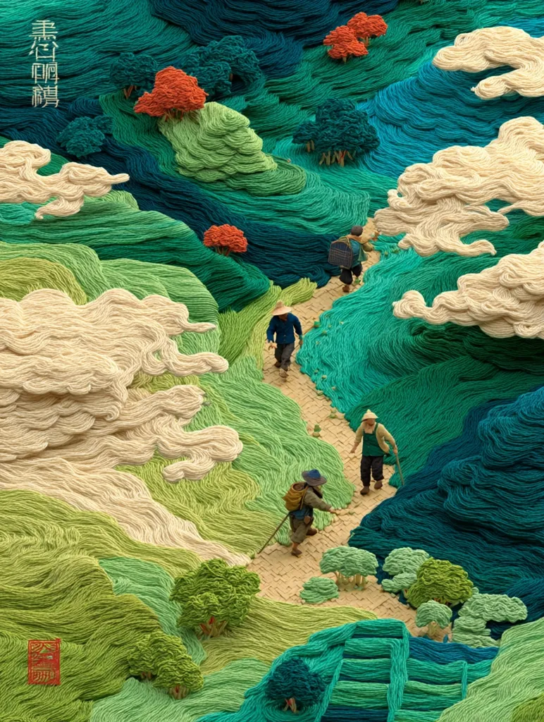 A vibrant, textured landscape crafted from yarn depicts a winding path through rolling hills and clouds.  Four figures, appearing as travelers, journey along the path, their tiny forms contrasting with the immense, swirling yarn formations representing hills and sky.  The artwork's rich greens, creams, and blues create a serene yet fantastical scene, suggesting a journey through nature.  The style is meticulous and highly detailed, resembling a three-dimensional embroidery.