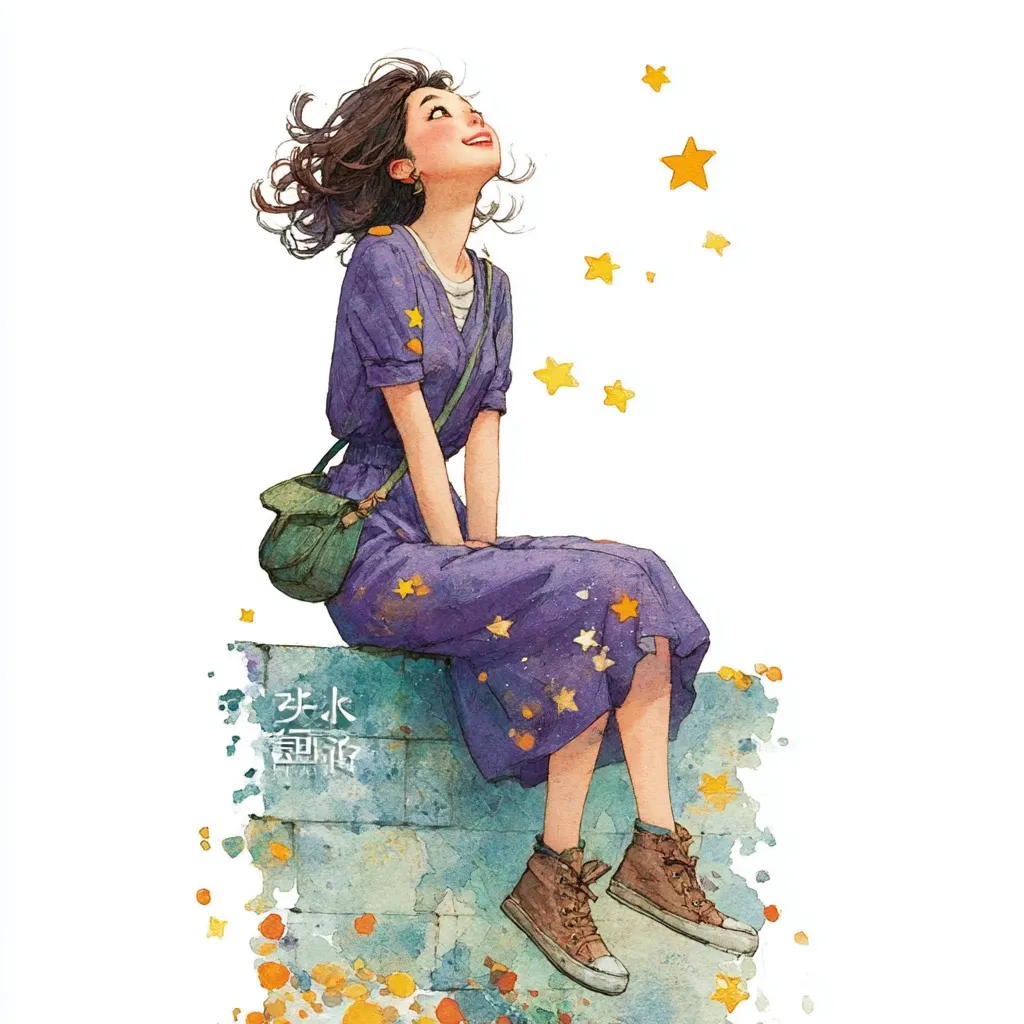 A watercolor illustration depicts a young woman with brown hair, seated on a low wall, gazing upward at falling stars.  She wears a purple star-printed dress and brown high-top sneakers. A small green bag hangs from her shoulder.  The style is whimsical and dreamy, with soft colors and a gentle atmosphere. Yellow stars scatter around her, adding to the magical feel.