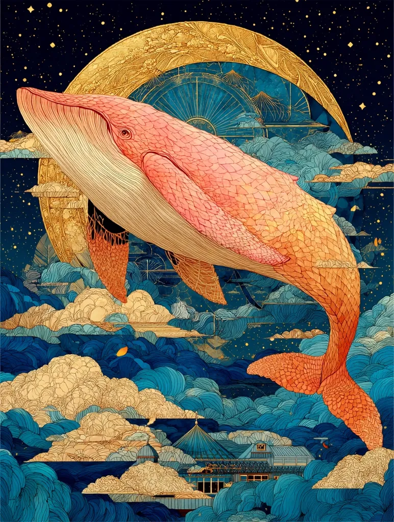 A vibrant illustration depicts a pink and orange whale soaring through a celestial dreamscape.  The whale is intricately detailed, its body rendered with delicate linework.  It leaps against a backdrop of swirling blue clouds and a golden crescent moon, adorned with intricate patterns.  A small building is visible in the lower portion of the artwork, adding a sense of scale to the fantastical scene.  The overall style is ornate and dreamlike, blending elements of nature and fantasy.