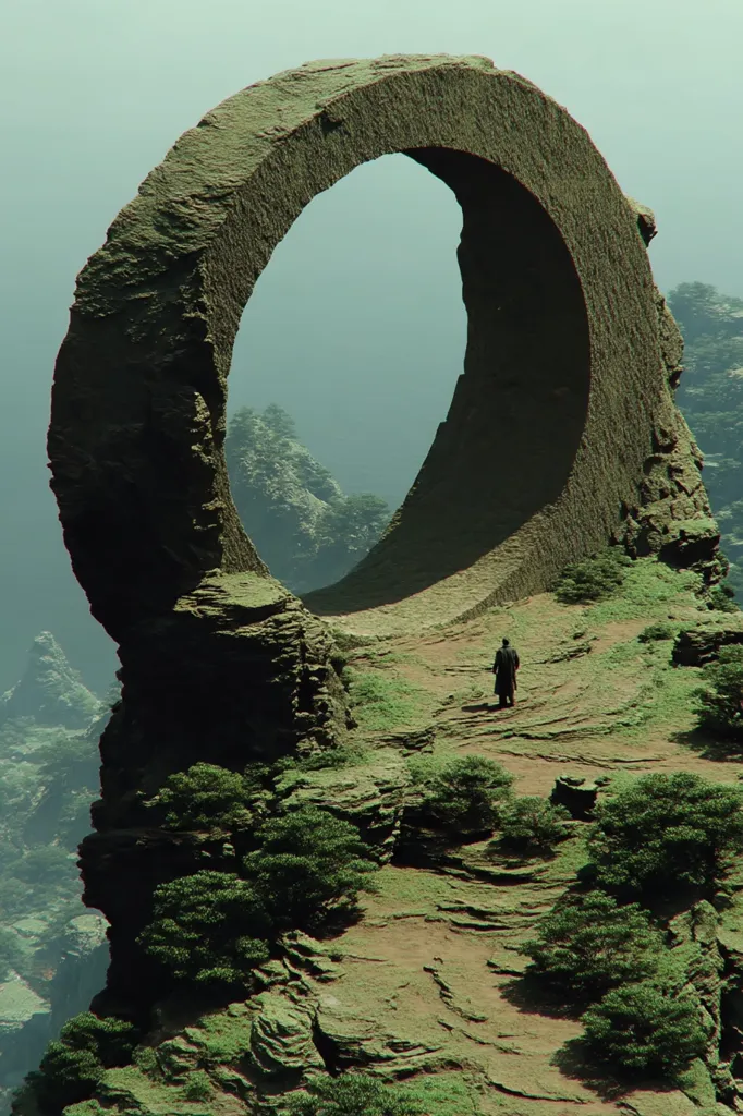 A solitary figure walks on a path through a surreal landscape.  A massive, ring-shaped rock formation dominates the scene, its smooth, dark stone contrasting with the vibrant green vegetation clinging to the rocky terrain.  The ring frames a hazy, distant vista, creating a sense of mystery and scale. The overall mood is one of quiet solitude and otherworldly beauty.