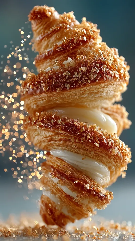 A delectable pastry, possibly a mille-feuille or palmier, is captured in mid-air.  Layers of flaky, golden-brown pastry are interleaved with creamy white filling.  The pastry is generously coated in coarse, sparkling sugar crystals.  The background is blurred, emphasizing the pastry's texture and creating a sense of movement and lightness.  A shower of sugar crystals adds to the dynamic feel of the image.