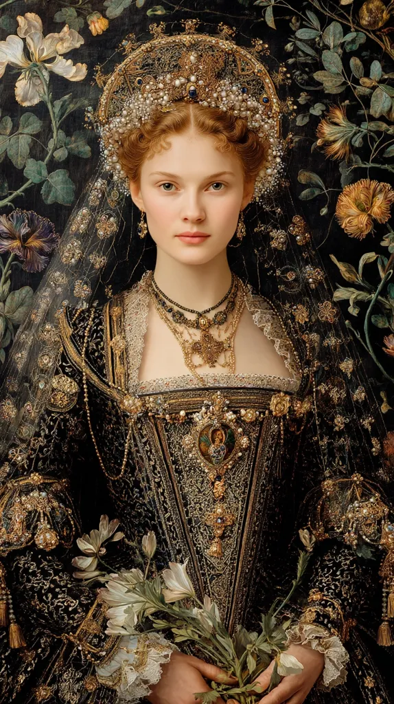 A young woman, possibly a queen or princess, is elegantly portrayed in a richly detailed painting.  She wears a magnificent gold and pearl crown, a black velvet gown intricately embroidered with gold thread, and numerous gold necklaces.  A delicate white flower bouquet rests in her hands. The background features a lush, dark floral tapestry, enhancing the regal and opulent atmosphere.  The overall style evokes Renaissance or Baroque portraiture.