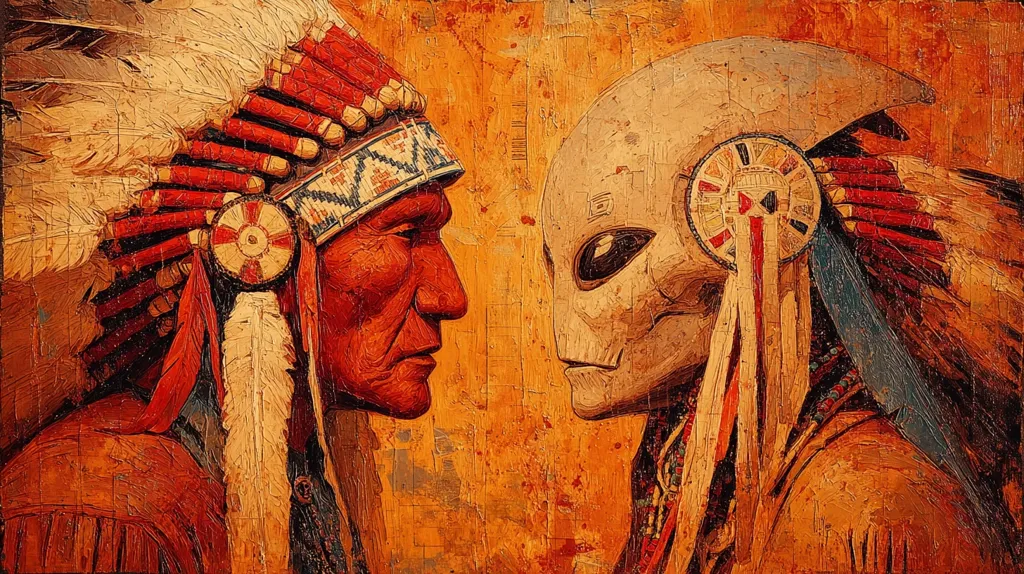 A stylized painting depicts a Native American in full headdress facing an alien in a similar headdress.  Both figures are rendered in a textured, impasto style with rich earth tones.  The background is a textured orange and brown, suggesting a canvas or aged parchment.  The juxtaposition of the two figures creates a powerful visual comparison, possibly exploring themes of otherness or cultural encounter.