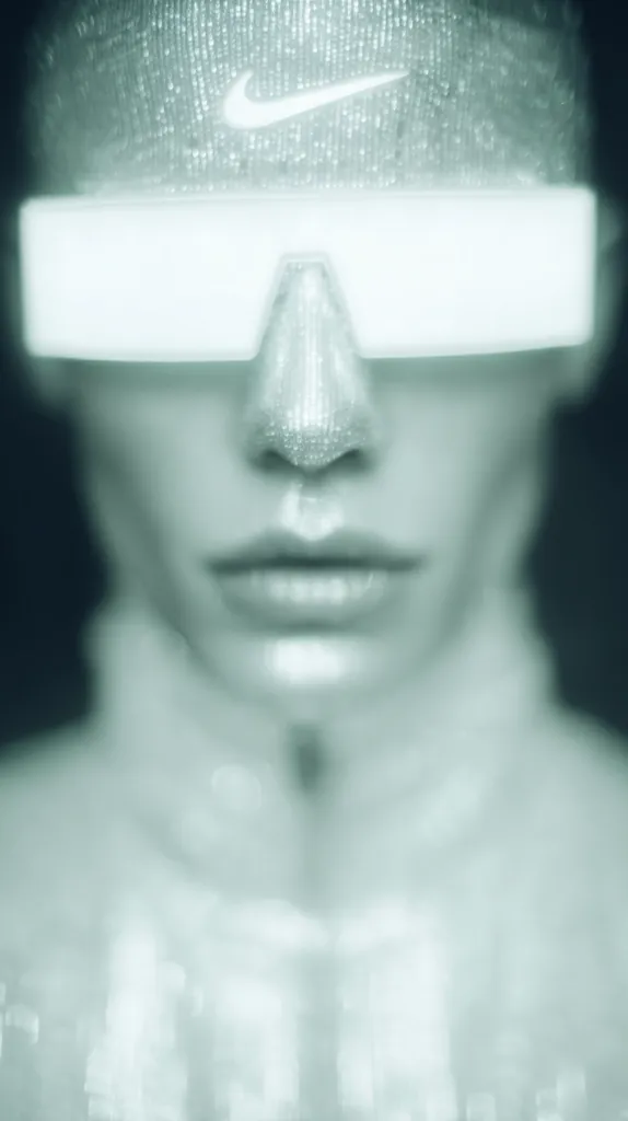 A close-up, stylized image depicts a person's face, partially obscured by a futuristic-looking head covering and visor. The Nike logo is subtly visible on the head covering.  The overall aesthetic is muted and somewhat ethereal, with a cool, almost monochrome color palette. The focus is soft, lending an otherworldly quality to the portrait.