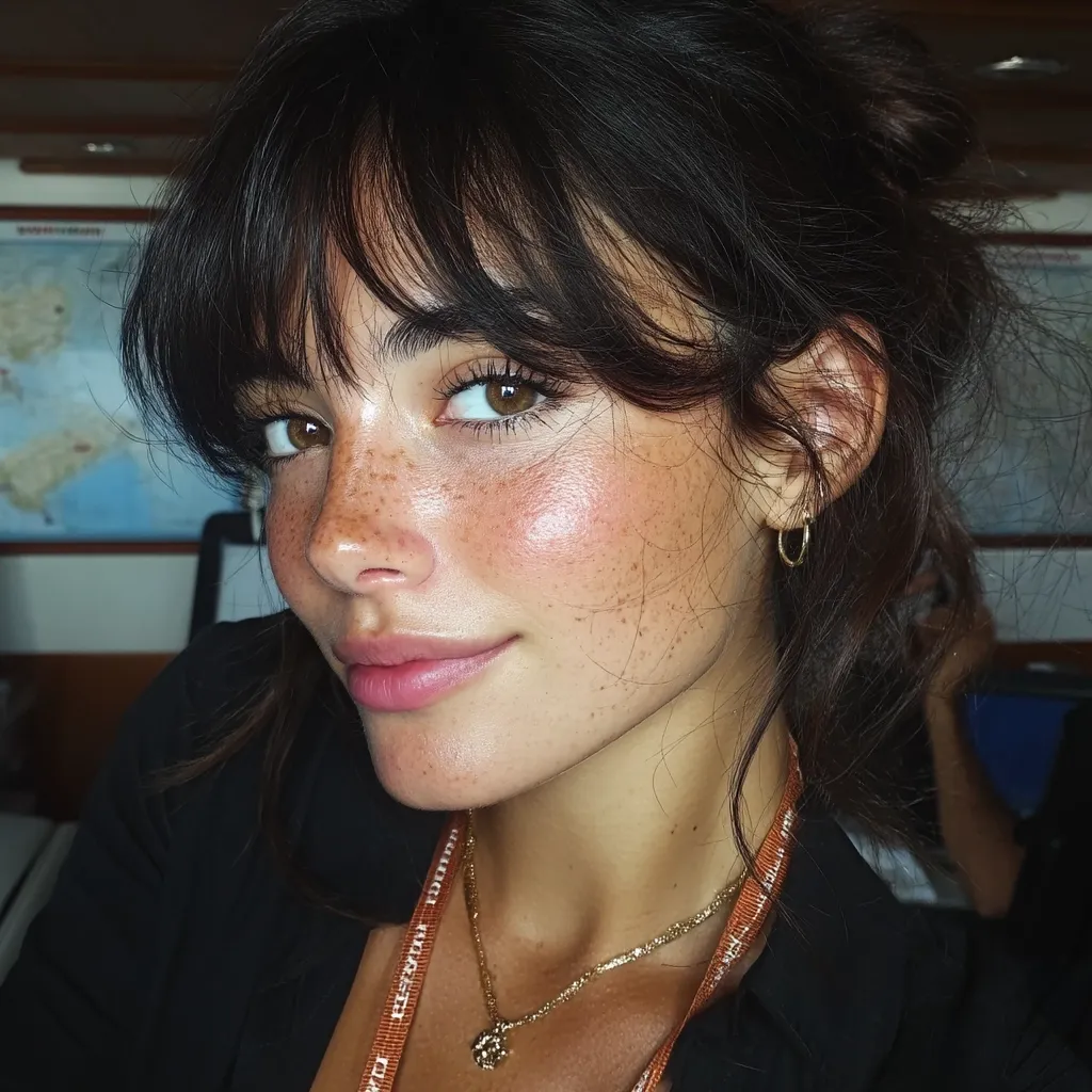 Close-up of a young woman with dark brown hair styled in a half-updo with curtain bangs.  She has light skin with freckles, subtle makeup, and is wearing a gold necklace and small hoop earrings. Her expression is soft and slightly smiling.  She's wearing a dark-colored top with an orange lanyard around her neck. The background is blurry, suggesting an indoor setting.