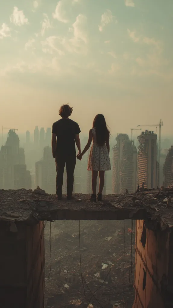 A young couple stands hand-in-hand on a crumbling concrete structure overlooking a devastated cityscape.  The city below is shrouded in a hazy atmosphere, with broken buildings and rubble stretching to the horizon.  The couple's silhouettes are stark against the muted sunset sky, creating a poignant image of resilience or loss amidst urban destruction.
