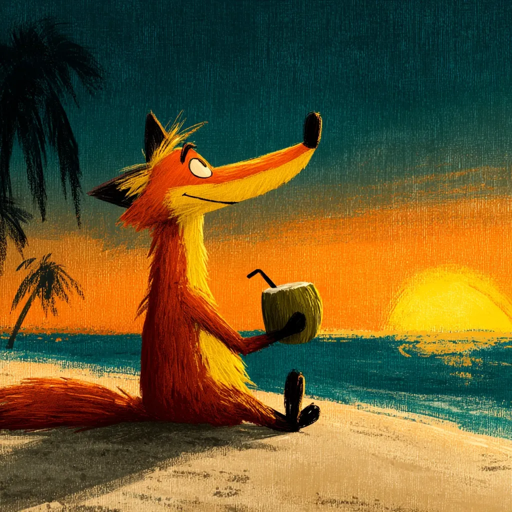 A stylized fox sits on a beach at sunset, enjoying a coconut drink.  Palm trees frame the scene, which is painted in a vibrant, textured style with warm oranges and yellows dominating the sky. The fox appears relaxed and content, gazing out at the ocean. The overall impression is one of peaceful tropical tranquility.