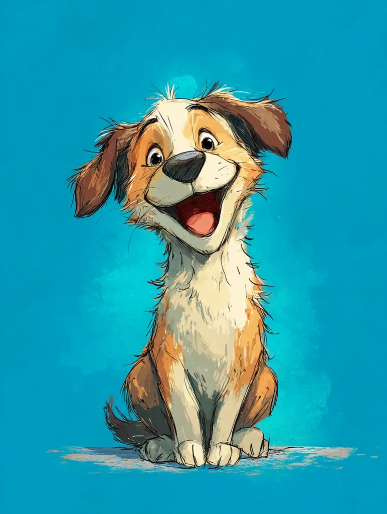 A cheerful cartoon puppy, predominantly white with brown patches, sits against a vibrant blue background.  Its large, expressive eyes and wide, open mouth convey pure joy. The style is whimsical and slightly textured, giving the image a hand-drawn feel. The puppy's fluffy fur and endearing expression make it a charming and appealing subject.