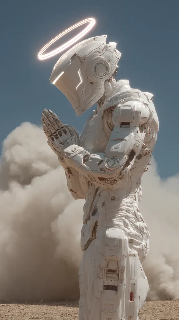 A white, humanoid robot stands in a desolate, dusty landscape, its hands clasped in prayer.  A glowing halo encircles its head, creating a surreal and spiritual contrast to its mechanical form. The robot appears serene amidst a cloud of dust, suggesting a moment of contemplation or reverence.  The image evokes themes of faith, technology, and the future.