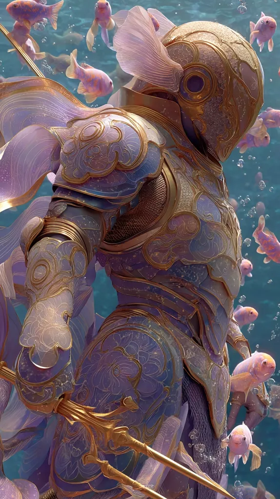 A 3D rendered image depicts a knight in intricately detailed, ornate armor, predominantly purple and gold, submerged in underwater scenery.  The armor features flowing, almost ethereal designs reminiscent of aquatic life.  Numerous pink and orange fish swim around the knight, who wields a golden trident. The overall aesthetic is fantastical and serene.