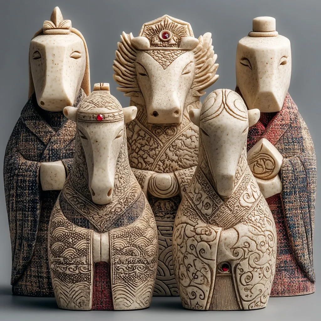Four intricately carved stone figurines, possibly chess pieces, depict stylized ox-like figures in regal attire.  Each figure wears ornate clothing with detailed patterns, and some are adorned with crowns or headdresses.  The figures stand in a row, showcasing a consistent aesthetic with subtle variations in their garments and headwear. A muted color palette emphasizes the intricate carvings.