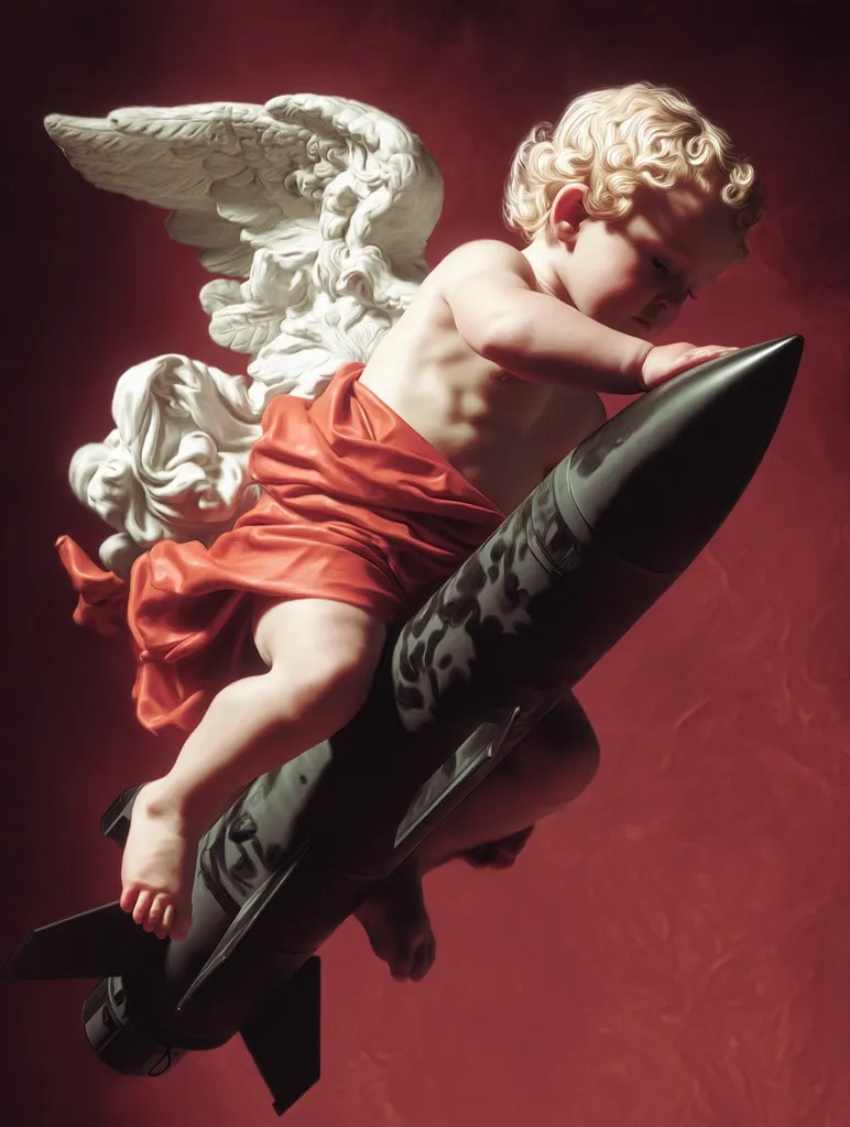 A cherubic angel, wings outstretched, perches atop a dark missile, its innocent features juxtaposed against the weapon's destructive potential.  The angel's flowing red drapery contrasts with the missile's sleek, ominous form. The image creates a powerful visual paradox, blending classical aesthetics with contemporary anxieties.  The rich, deep red background enhances the dramatic tension.