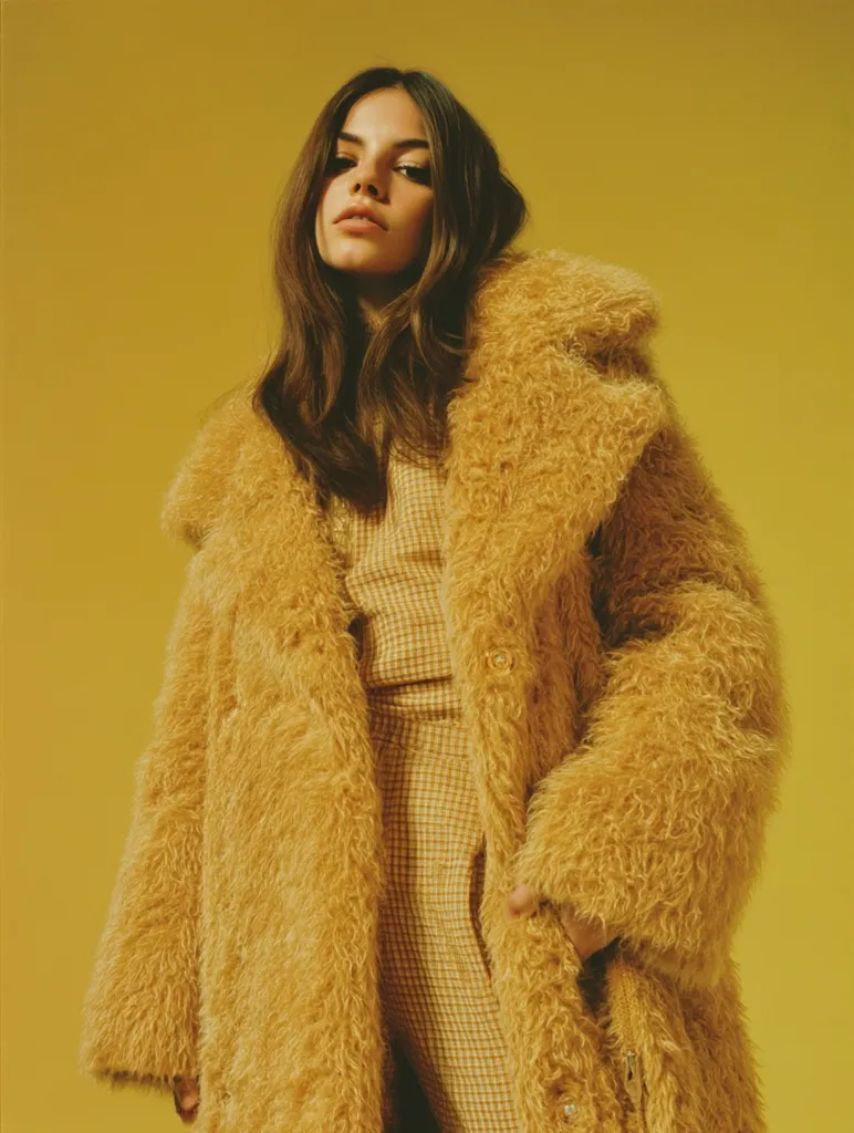 A young woman with long brown hair models a long, shaggy mustard-yellow coat against a matching yellow background. The coat is oversized and features a large collar and long sleeves.  She wears a mustard and beige checkered jumpsuit underneath. The overall aesthetic is warm, retro, and stylish.