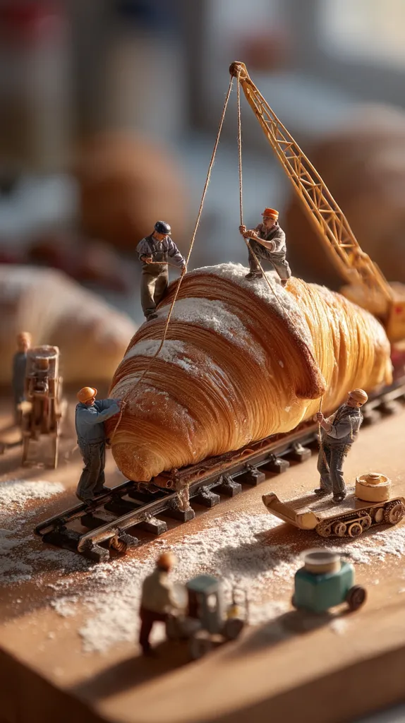 Miniature construction workers meticulously transport a giant croissant on a miniature railway.  A small crane and other construction equipment are also present, amidst a dusting of flour. The scene is detailed and whimsical, showcasing a playful juxtaposition of scale and subject matter.  The warm lighting enhances the image's overall artistic quality.