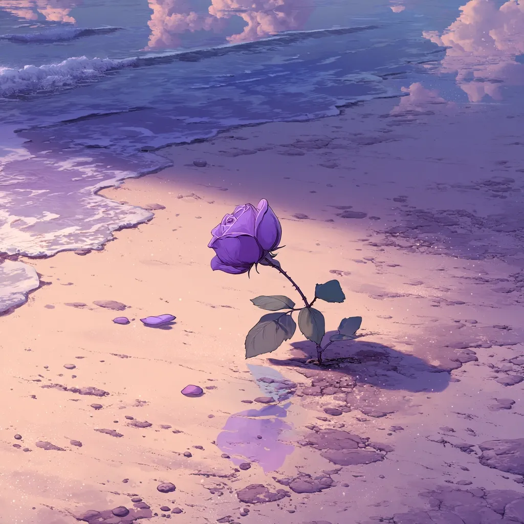 A single, vibrant purple rose bravely stands rooted in the sandy beach, its petals slightly unfurled.  Gentle waves lap the shore nearby, under a serene, cloudy sky.  A few fallen petals lie scattered on the sand, adding a touch of melancholy to the peaceful scene. The overall tone is calming yet poignant.