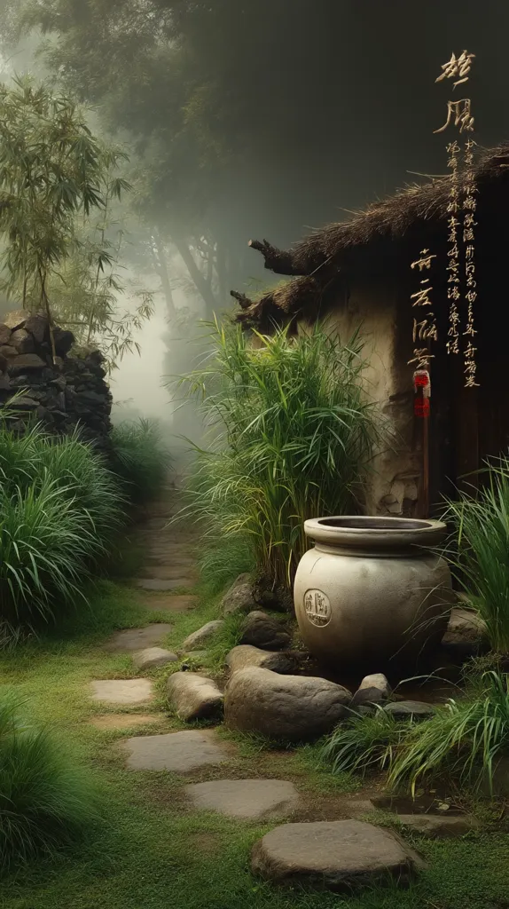 A stone path winds through a misty, serene garden. Lush green grass and bamboo flank the path, leading to a rustic thatched-roof hut. A large, grey stone basin sits near the hut, adding to the tranquil atmosphere. The scene is shrouded in a soft fog, creating a sense of mystery and peace.  The overall ambiance is one of quiet contemplation and natural beauty.