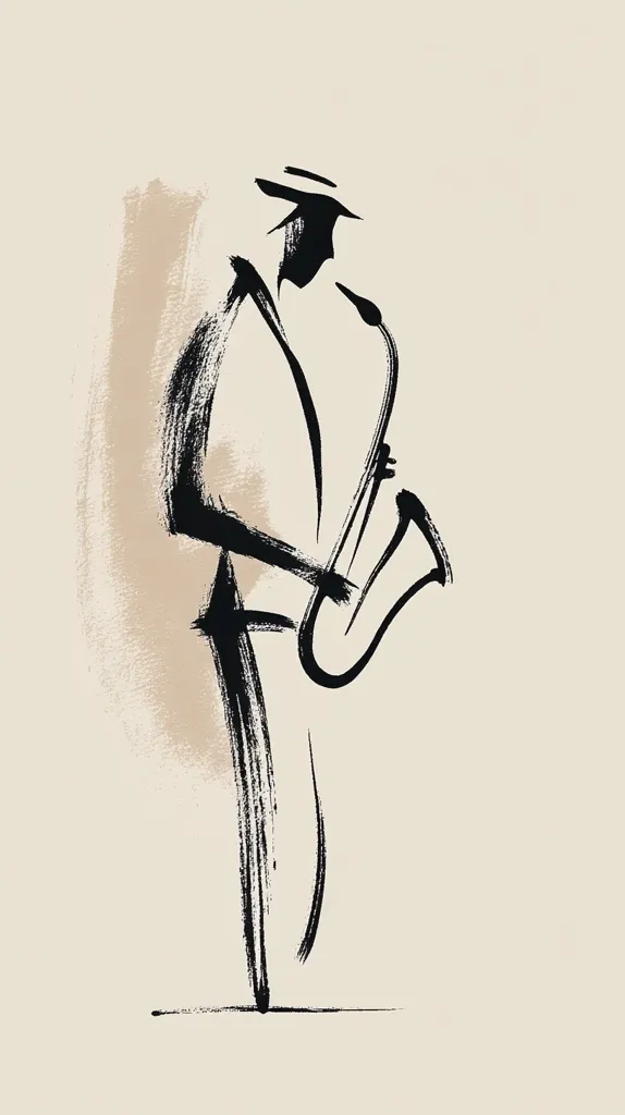 An abstract ink drawing depicts a saxophonist.  The figure is rendered in bold black strokes, suggesting movement and energy.  A muted beige wash forms a soft background, contrasting with the sharp lines of the musician and instrument.  The style evokes a sense of jazz music and improvisation.