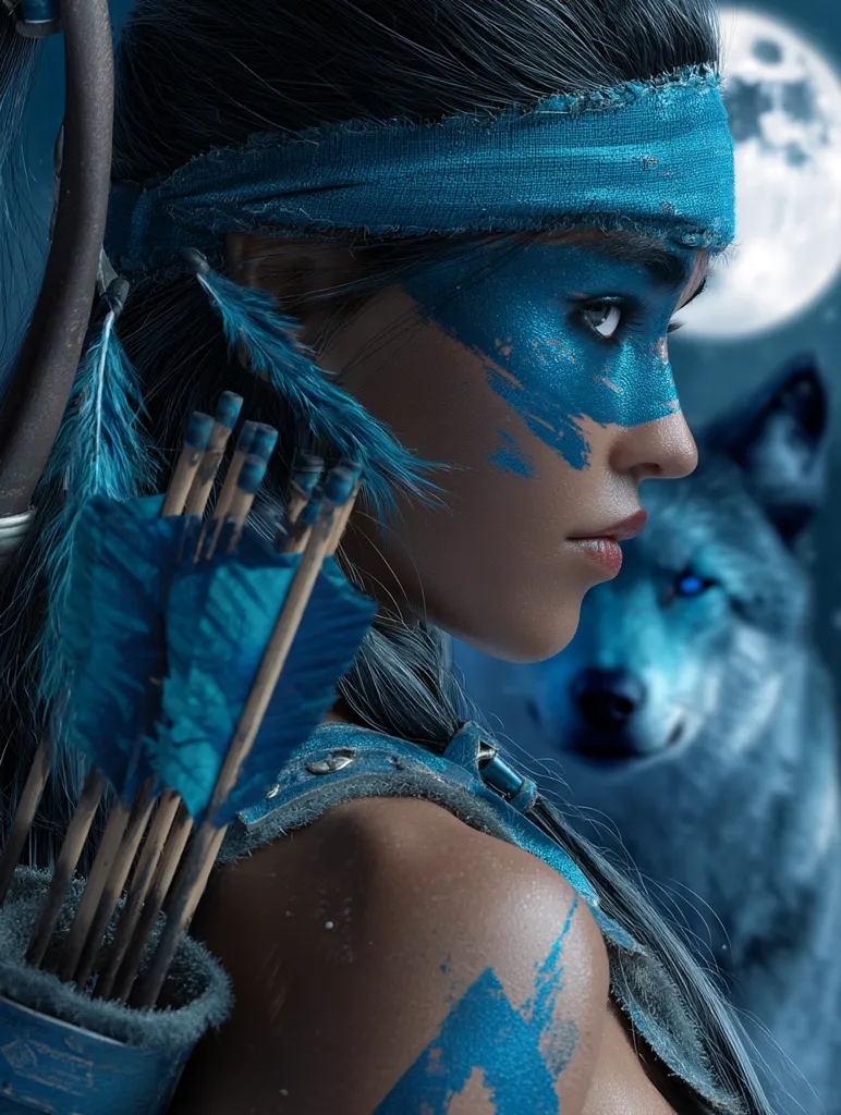 A young woman, adorned in teal war paint and a matching headband, stands profile, her gaze directed to the side.  She carries a quiver of arrows on her back, the feathers a matching teal.  A wolf, eyes glowing faintly blue, peers from the shadowed background, suggesting a connection between the two.  The scene is dark, illuminated by a partially visible moon, enhancing the mysterious atmosphere.