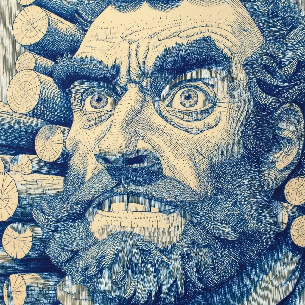 A detailed pen-and-ink drawing depicts a close-up of a man's face, possibly a lumberjack.  His expression is one of intense strain or anger, his eyes wide and his mouth slightly open.  A thick, detailed beard covers his lower face.  A stack of logs is visible in the background, suggesting a connection to manual labor. The image is rendered entirely in shades of blue, creating a monochromatic yet expressive piece.