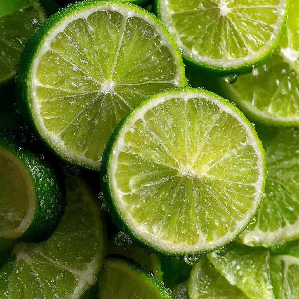 A vibrant close-up showcases numerous lime slices, glistening with moisture.  The bright green citrus fruits are densely packed, their juicy segments clearly visible.  The image emphasizes the freshness and texture of the limes, creating a visually appealing display of natural abundance.  Water droplets cling to the skins, enhancing the overall sense of juiciness.