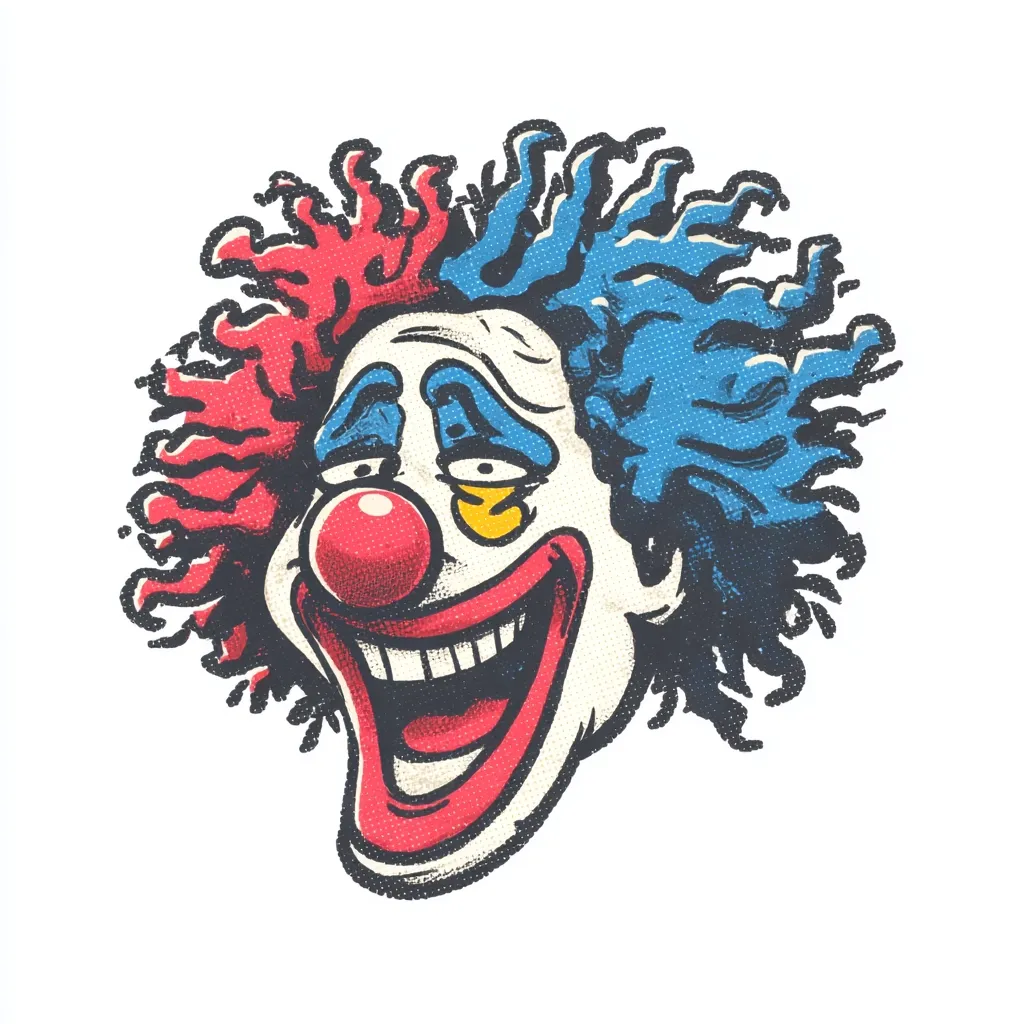 A vibrant illustration showcases a clown's head, characterized by a wide, joyful grin. The clown's hair is a striking blend of red and blue, styled in a wild, textured manner.  The face is detailed with a classic clown makeup style, including a large red nose and exaggerated features. The overall aesthetic is reminiscent of vintage or retro designs, with a textured, slightly distressed look.