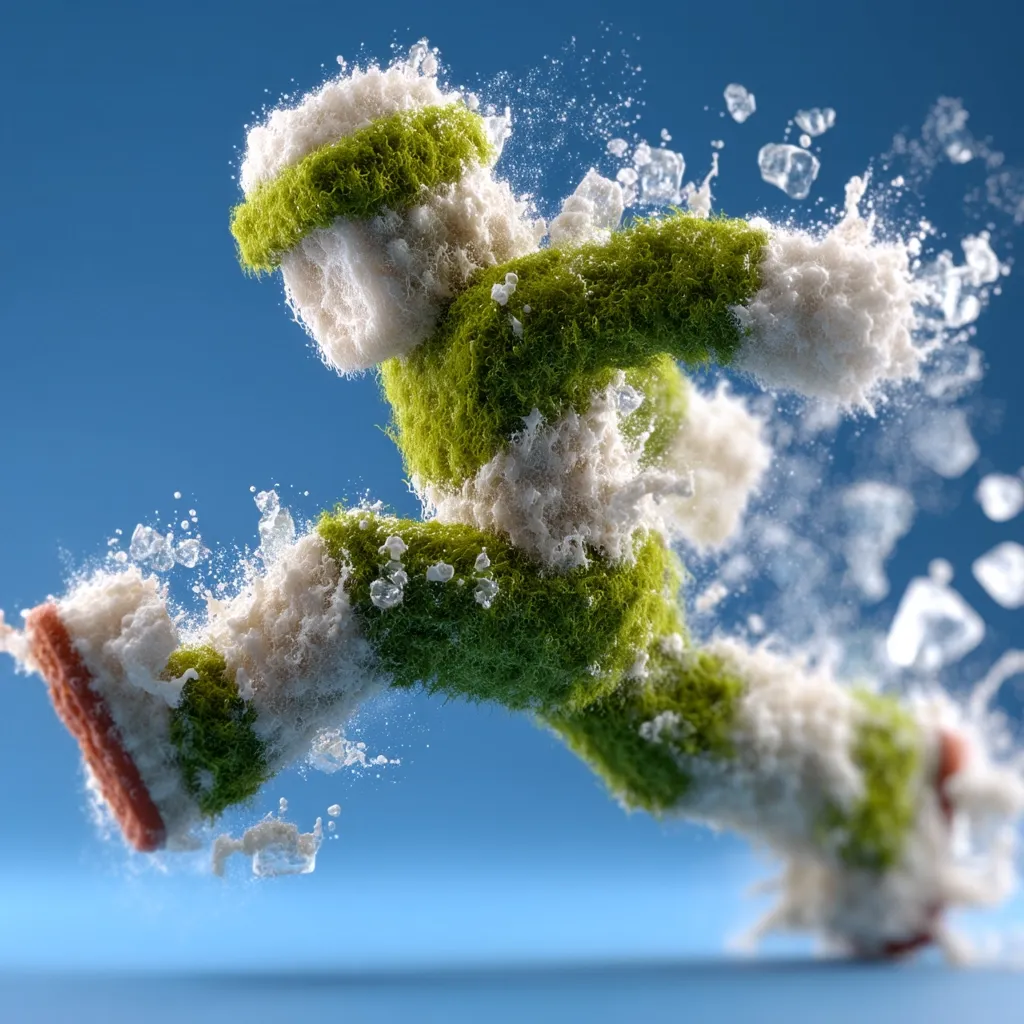 A dynamic 3D rendering depicts a figure, seemingly composed of green moss and white powder, mid-leap.  The figure is in motion, leaving a trail of disintegrating particles. Its form is somewhat humanoid, wearing a headband, with a sense of speed and energy conveyed by the blurred motion and dispersing particles. The background is a simple, clear blue.