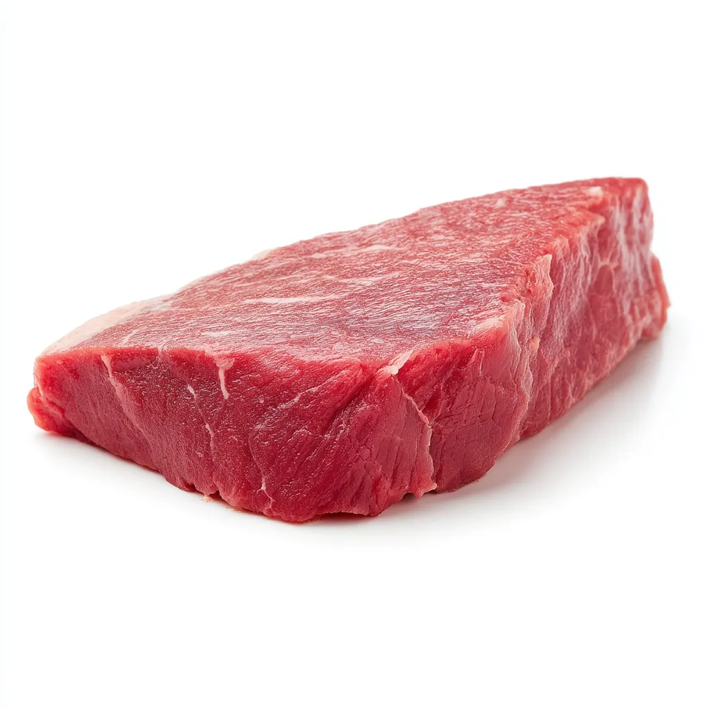 A single, raw beef steak is presented against a stark white background.  The steak is a rich, deep red color, showcasing its marbling and texture.  It is thick-cut and appears tender, ready for preparation. The lighting accentuates the beef's natural color and moist appearance.