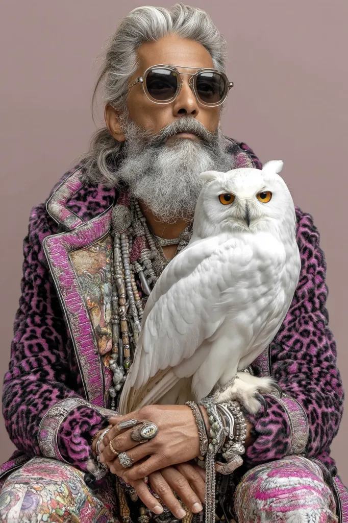 A man with long gray hair and a long gray beard, wearing sunglasses and a pink and black leopard print coat adorned with ornate silver jewelry, sits holding a snowy owl.  His hands are covered in rings and bracelets. The owl is perched on his lap, its gaze directed forward. The background is a muted mauve. The overall image evokes a sense of mystique and wisdom.