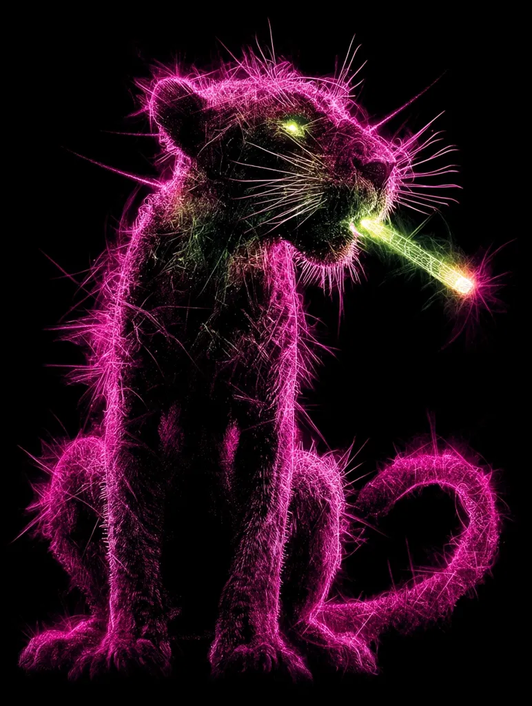 A stylized image depicts a pink panther, rendered in vibrant, glowing lines against a black background.  The panther appears to be holding a glowing green stick in its mouth, suggesting a sparkler or similar object.  The artistic style creates a sense of energy and movement, emphasizing the animal's form with bright, almost ethereal strokes. The overall effect is striking and visually captivating.