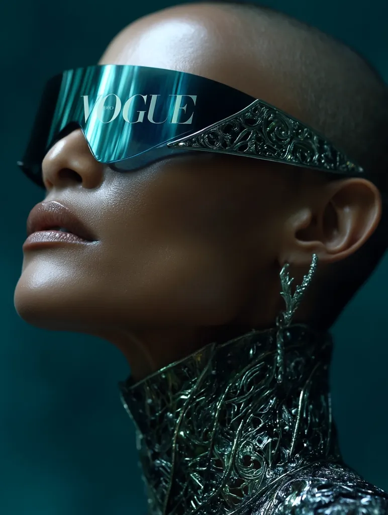 Close-up of a bald woman's profile, wearing futuristic, teal Vogue-branded sunglasses with an ornate silver frame.  She is adorned with a high-necked garment intricately detailed with silver filigree, echoing the sunglasses' design. The background is a deep teal, creating a dramatic contrast.  The overall aesthetic is sleek, stylish, and slightly dystopian.