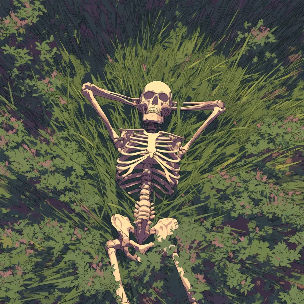 A human skeleton lies serenely on its back in a lush field of tall grass and wildflowers.  Its arms are positioned behind its head, suggesting relaxation or repose. The scene is rendered in a stylized, almost painterly fashion, with a muted color palette emphasizing the greens of the vegetation and the off-white of the bones.  The overall mood is one of peaceful acceptance, juxtaposing life and death in a tranquil setting.
