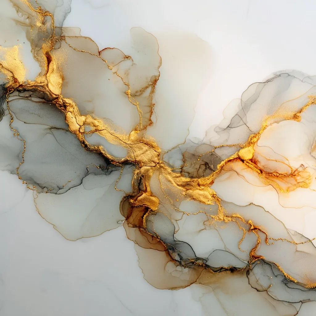 An abstract alcohol ink painting in shades of grey, beige, and gold.  The gold pigment resembles veins or rivers flowing through the lighter, cloudy shapes.  The overall effect is elegant and fluid, suggesting movement and organic forms. The contrast between the dark and light tones creates depth and visual interest.