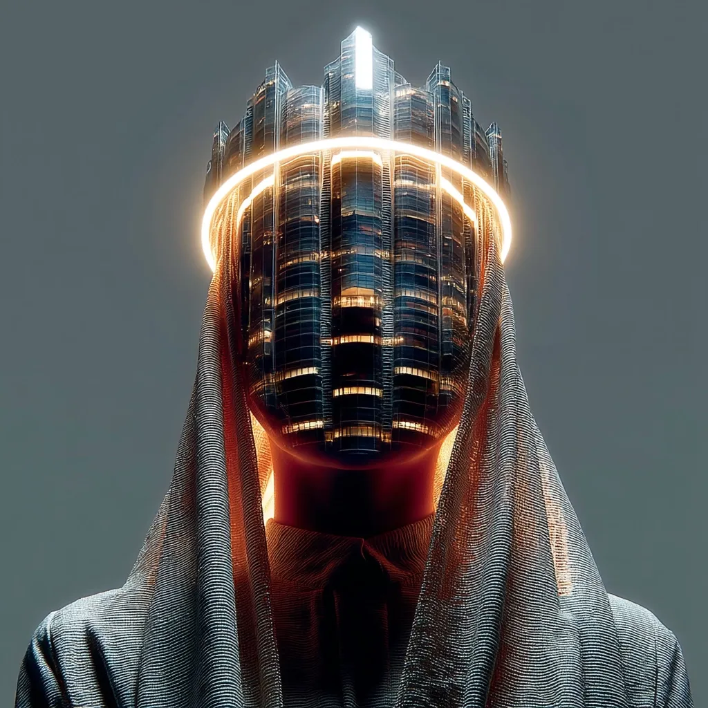 A digital art piece depicts a figure cloaked in a shimmering grey fabric.  Their face is obscured by a crown-like structure resembling a skyscraper at night, glowing with warm light. The image suggests a fusion of human and urban architecture, creating a mysterious and powerful aesthetic. The overall tone is dark and dramatic, hinting at themes of urban identity or technological advancement.