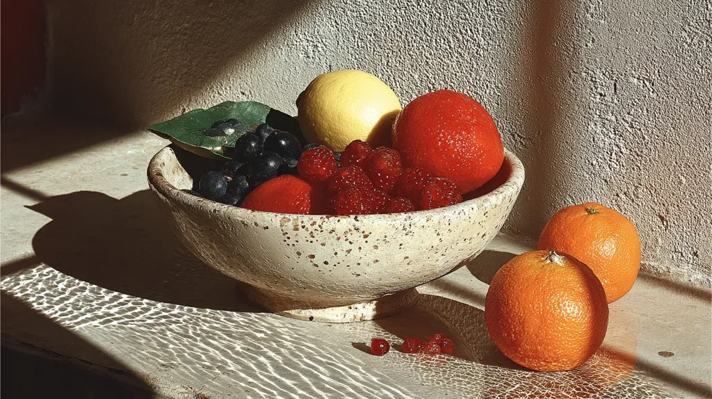A rustic, speckled bowl holds a vibrant assortment of fruit:  raspberries, grapes, a lemon, and two oranges nestled amongst them.  Two additional oranges rest beside the bowl on a sun-dappled surface. The scene is bathed in sunlight, casting shadows and highlighting the textures of the bowl and the fruit.  The overall effect is one of simple, natural beauty.